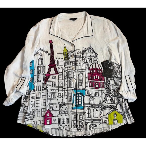 John Mark Size 1X Plus Paris City Scape Button Up Shirt White NWT $119 - Picture 1 of 9